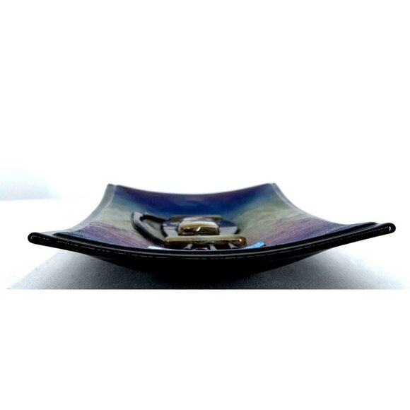 Fused Art Glass Golf Clubs Bag Sports Dichroic Trinket Dish 10" l Unsigned Vtg - Picture 5 of 7